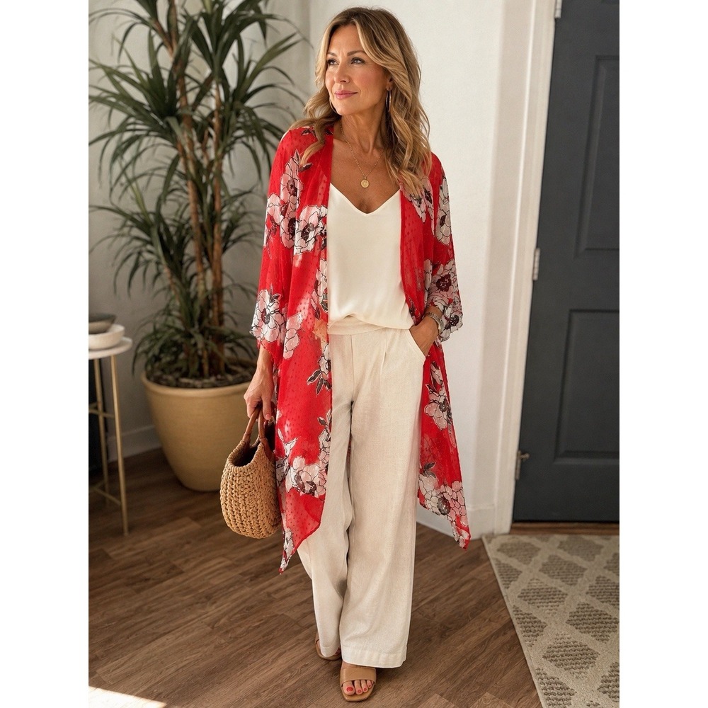 Lane Bryant Open Front Kimono Duster One Size Red Floral Boho Kaftan Cover Up